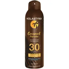Kolastyna Coconut Paradise, suchy olejek do opalania SPF 30. Idealny do plażowania, często pojawia się w rankingach olejków do opalania.