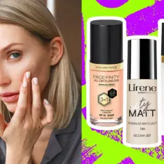 Kobieta aplikuje trwały podkład do twarzy. Obok trzy buteleczki kosmetyków: Max Factor Face Finity, Lirene City Matt i Eveline Wonder Match.