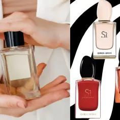 Dłonie trzymają perfumy Si. Obok trzy flakoniki Giorgio Armani: Si, Si Passione i Si Fiori. Które perfumy Si są najładniejsze?