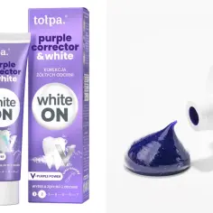 Fioletowa pasta do zębów "Purple Corrector & White" od Tołpy, w tubce i pudełku, obok kropli fioletowej pasty.