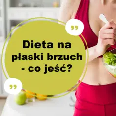 Kobieta w czerwonym stroju sportowym je sałatkę. Tekst na obrazku: "Dieta na płaski brzuch - co jeść?".