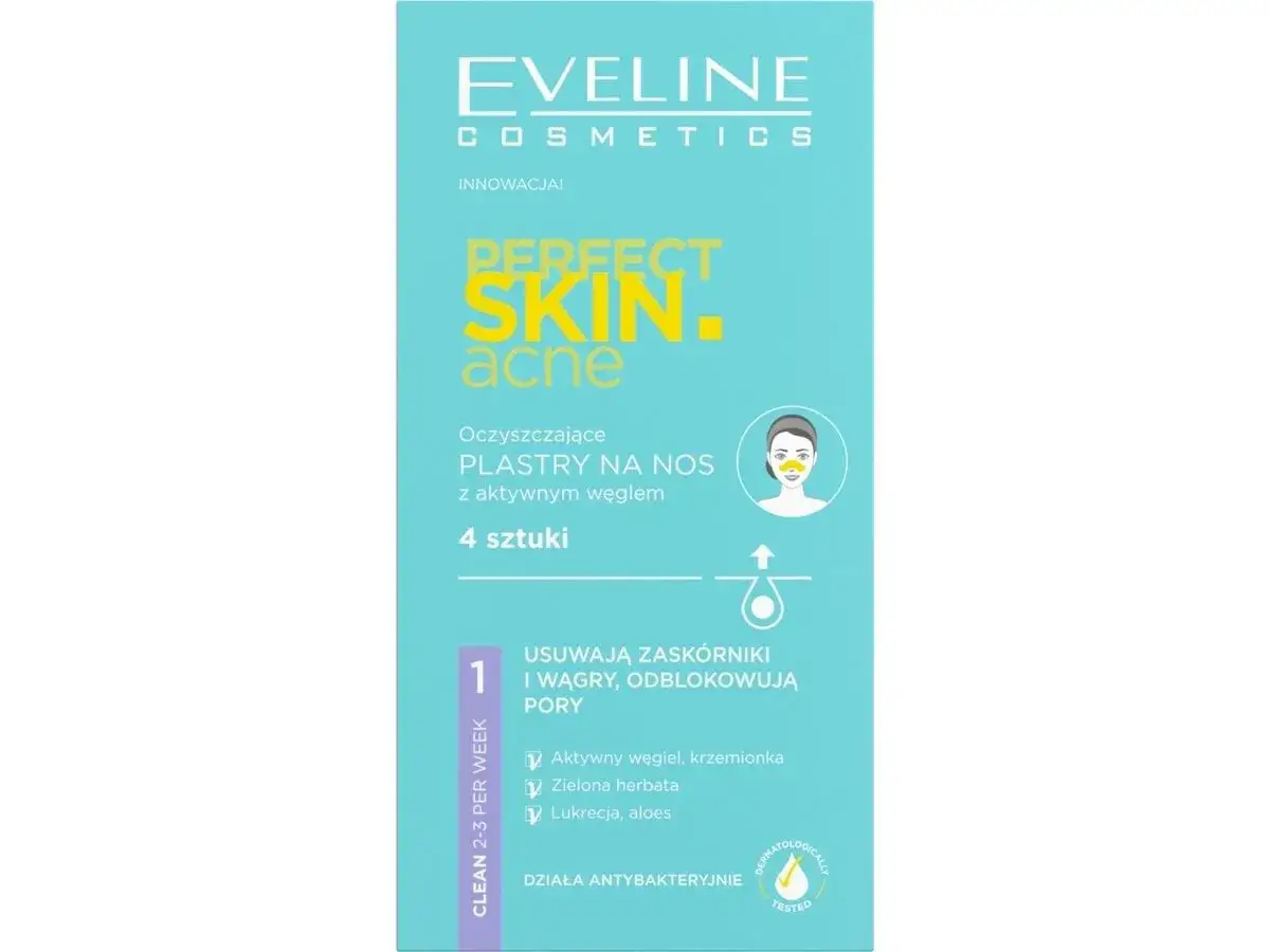 Plastry na nos z aktywnym węglem Eveline Perfect Skin Acne usuwają zaskórniki i odblokowują pory.
