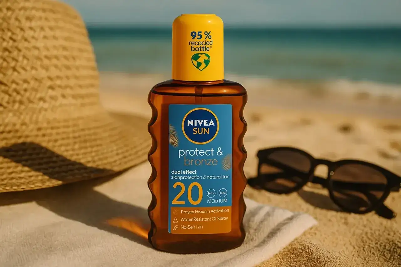 Nivea Sun Protect & Bronze SPF 20 – idealny olejek do opalania ranking. Na plaży, obok kapelusza i okularów, butelka z produktem.