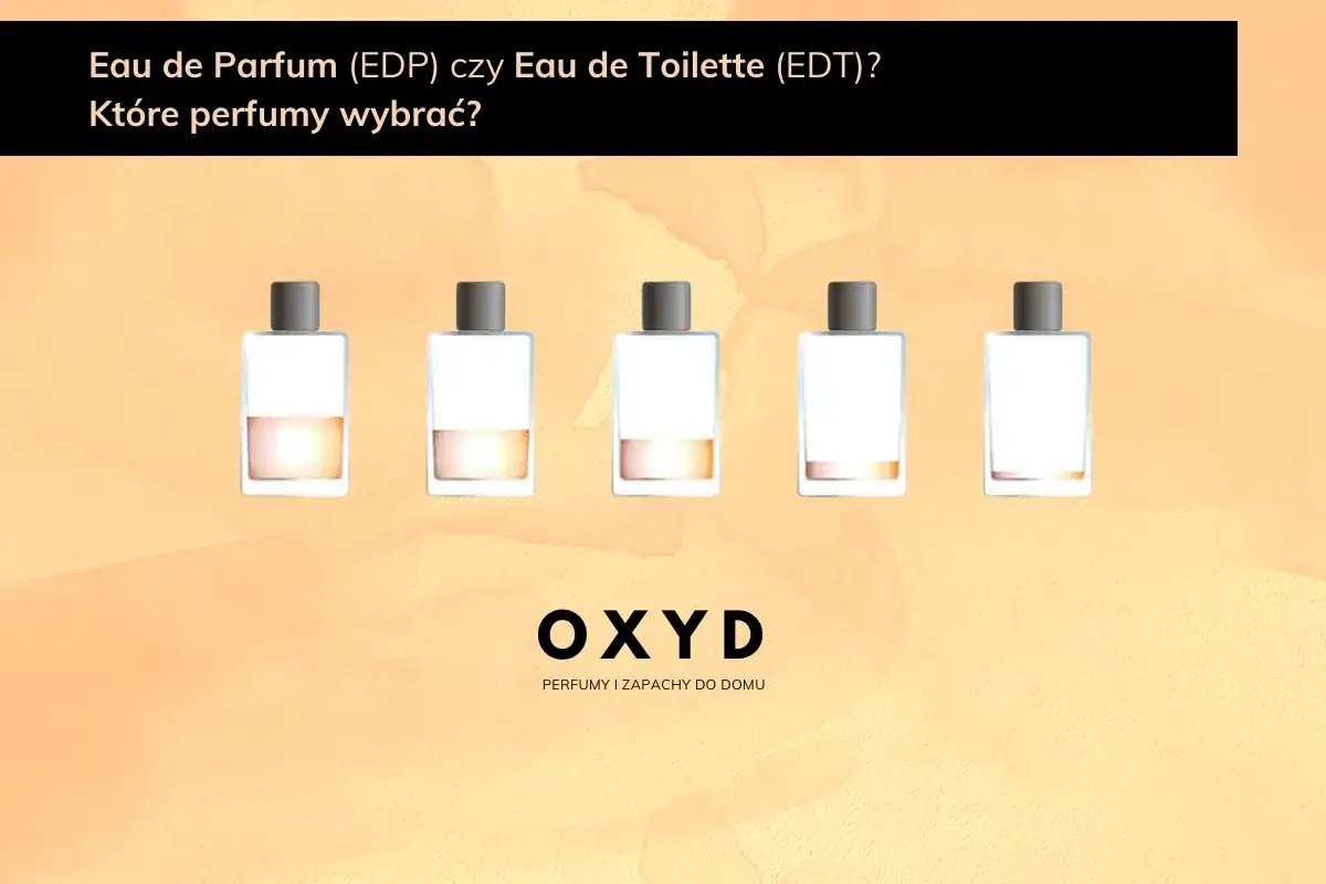 Pięć buteleczek perfum, od lewej: dwie z widoczną zawartością, trzy puste. Czy edp co to?