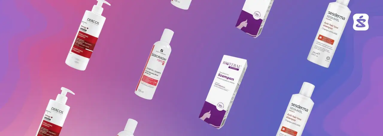 Różne szampony na wypadanie włosów: Vichy Dercos, Seboradin Forte, Biotebal Effect i Sesderma Seskavel.